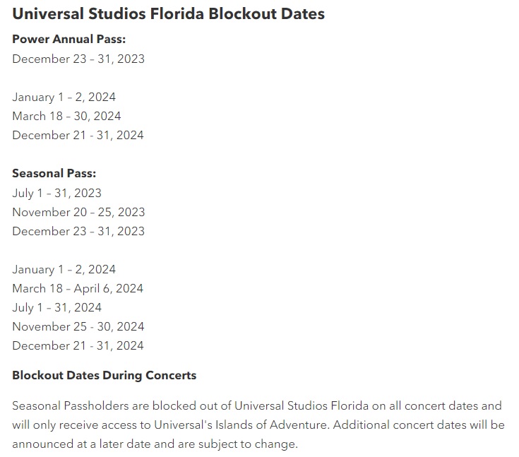 Universal Studios Florida Blockout Dates