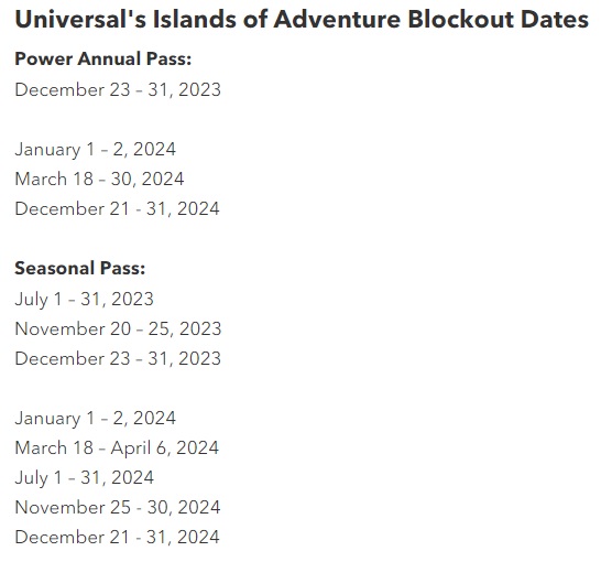 Universals Islands of Adventure Blockout Dates