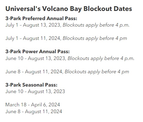Universals Volcano Bay Blockout Dates