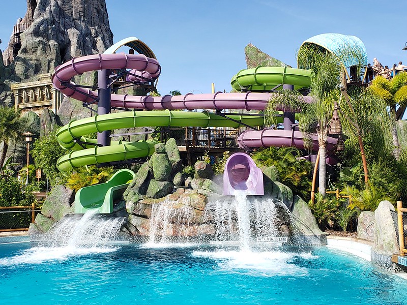 The Ohyah (green) and Ohno (purple) water slides